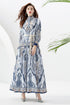 You Spin Me Around Fall Vintage Blue Paisley Pattern Stand Collar, Puff Long Sleeve Party, Festive Flowy Maxi Dress